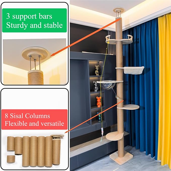 Floor to Ceiling Cat Tree Height (50-120.5in) Adjustable Cat Tower 5 Tier Hemp Scratching Post High Cat Tree Sturdy Activity Tree Indoor Outdoor Cat Scratching Post Activity Center