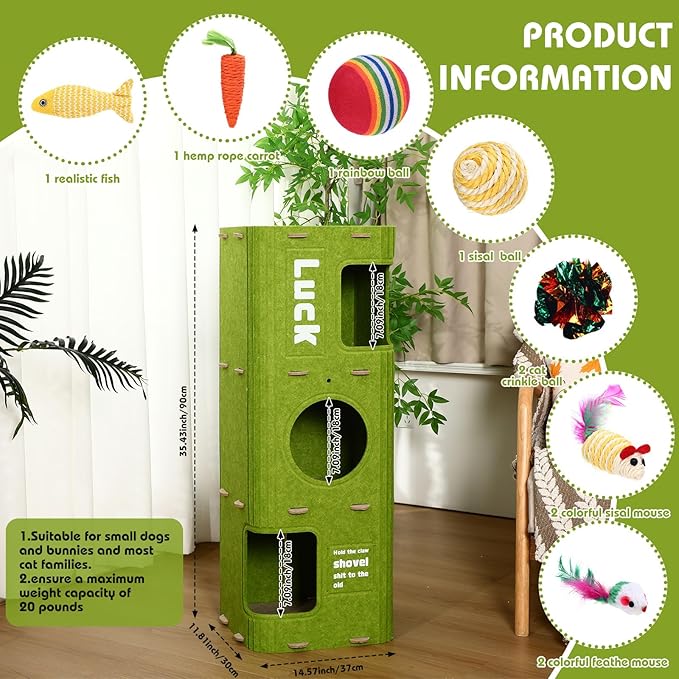 3-Storey Cat House for Indoor Use with 10 Pcs Sisal Toys Cube Cats Bed Cave Cat Houses 35.5 x 14.6 Inch Felt Scratch Resistant Cats Condos with Hideaway and Sisal Stuff for Indoor Multi-Cats Home