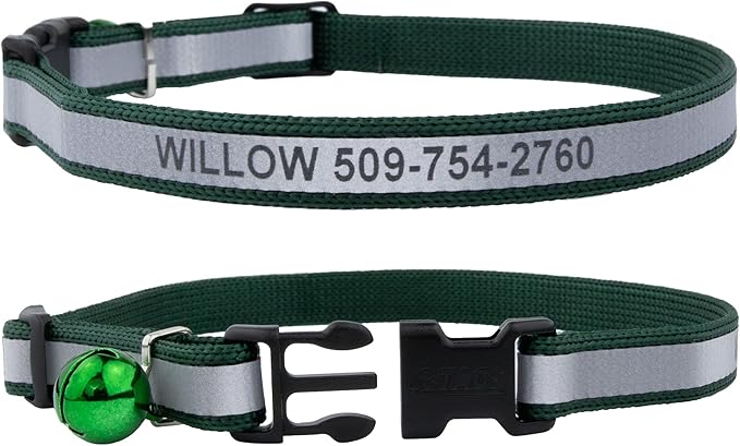 GoTags Personalized Reflective Cat Collars, Engraved Custom Cat Collar with Name and Phone ID, Breakaway Collar with Safety Release Buckle and Bell, Adjustable for Cats and Kitten (Hunter Green)