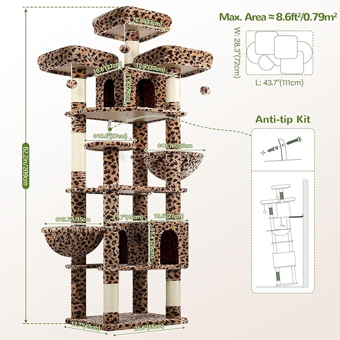 Globlazer Cat Trees and Towers for Multiple Adult Cats, 82-inch XXL Tall Cat Tree Tower for Indoor Cats with Scratching Post, 3 Perches, 2 Condos, 2 Hanging Baskets, F82, Leopard Print