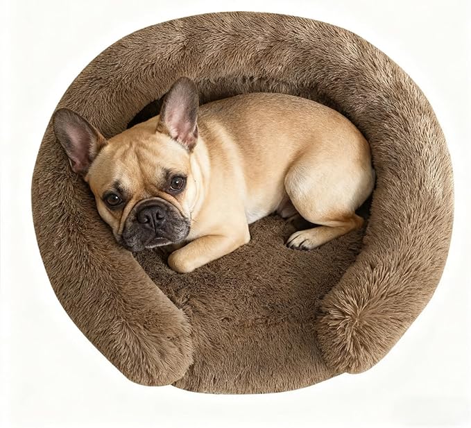 Calming Dog & Cat Beds with Orthopedic Egg-Crate Foam Raised Rim, Soft Fluffy Faux Fur Pet Bed for Small Medium Dogs, Anxiety Relief Spine Support, Machine Washable Cover (Round, Coffee 23")