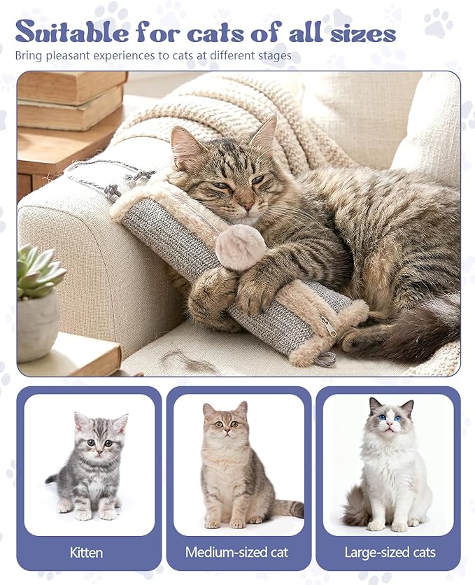 16.5" Sisal Catnip Kicker Toy for Indoor Cats,Heavy Duty Cat Scratching Pillow with 24" Bonus Rope,Washable & Refillable Catnip Toy for Aggressive Kickers,Chewing & Teething, Sisal Mat Texture (Grey)