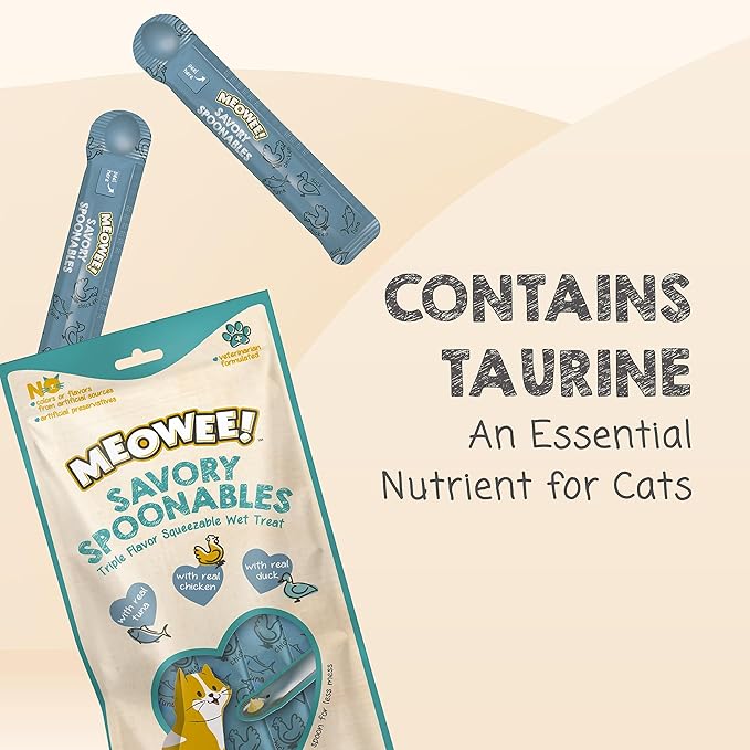 MEOWEE! Savory Spoonables with Real Tuna, Chicken & Duck, 4 Count Tube, Triple Flavor Squeezable Lickable Wet Treats for Cats with Built-in Spoon for Less Mess (Pack of 2)