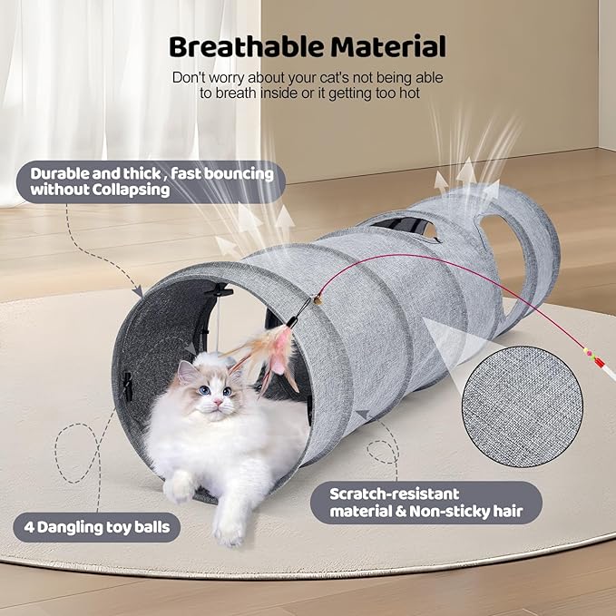 Cat Tunnel, 3 Straight Shaped Tunnels 6 DIY Shapes with Wand Toys, No Noise Scratch Resistant Cool Linen Fabric, Interactive Pet Tunnel Tube for Indoor Cats, Puppy and Rabbits