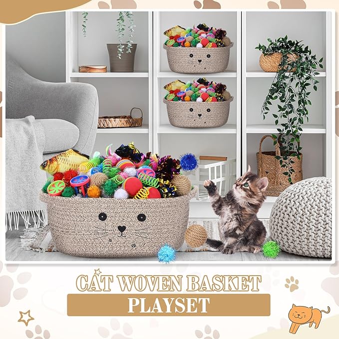 Zopeal 58 Pcs Summer Graduation Cat Storage Basket Gift Toys Set, Colorful Flashing Balls Pet Bell Crinkle Balls Spring Toys Attract Cat to Swat, Hunt, Interactive for Pet(Dark Brown,12 Inch)