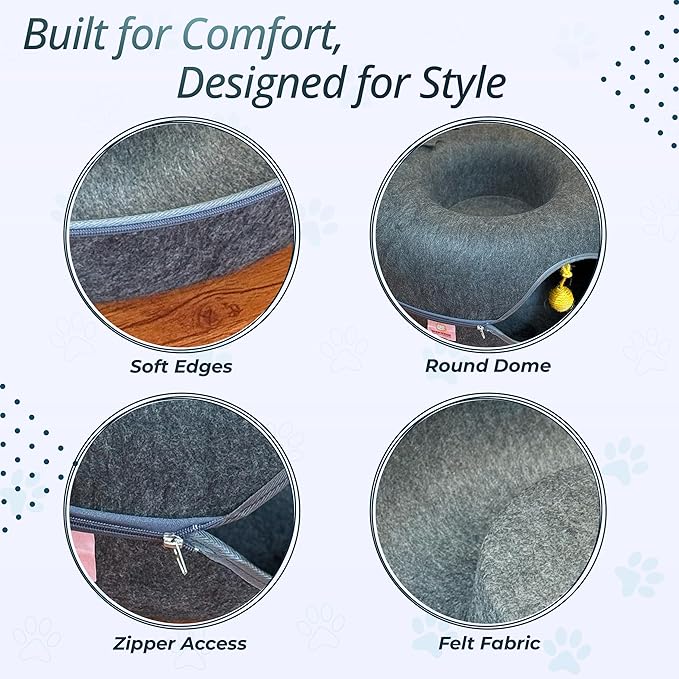 MeowMates Peekaboo Cat Cave Donut Bed for Multiple Cats Upto 45lbs, 3-in-1 Large Cat Tunnel & Donut Bed Combo w Round Tunnel Scratcher for Indoor Cats, Hanging Toy, Washable & Detachable - Dark Grey