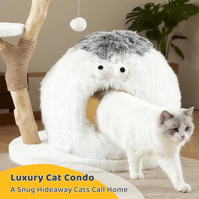 AQUILLA 30.7" Cute Cat Tree Tower for Indoor Cats, Fluffy Cat Condo with Seagrass Basket Bed, Furry Ball House, Sisal Scratching Posts & Stable Base, Beige