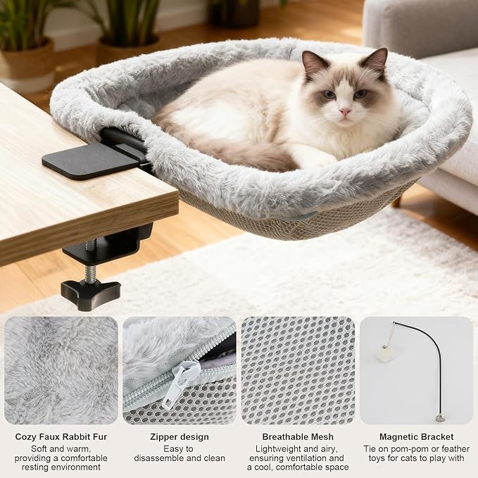 Cat Desk Bed - 17x18 in Cat Desk Perch for Remote Workers, Gamers and Office Staff - Desktop Suspended Cat's Bed (Holds up to 40 lb) - Foldable Cats Hammock Desk for Removable Cover and Toy Holder