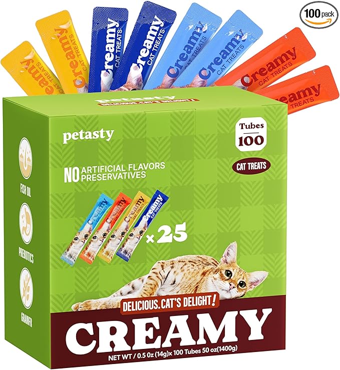 Lickable Cat Treats, High Moisture Hydrating Creamy Puree Squeeze Tubes, Variety Pack, 100 Tubes 0.5oz, Grain-Free, Omega Oils & Vitamin E, Skin & Coat Health, Digestive and Immune Support
