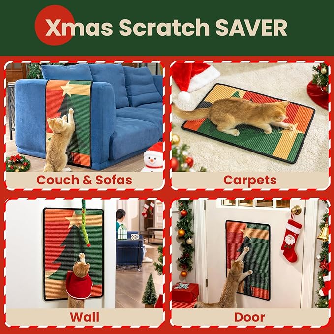 Conlun Cat Scratcher Mat,Sisal Cat Scratch Pad,Horizontal Floor Cat Scratching Pads Rug for Indoor Cats,Protector for Wall&Carpets&Sofas,Kitty Xmas-Gift, Includes Cat Toy (M, Christmas)