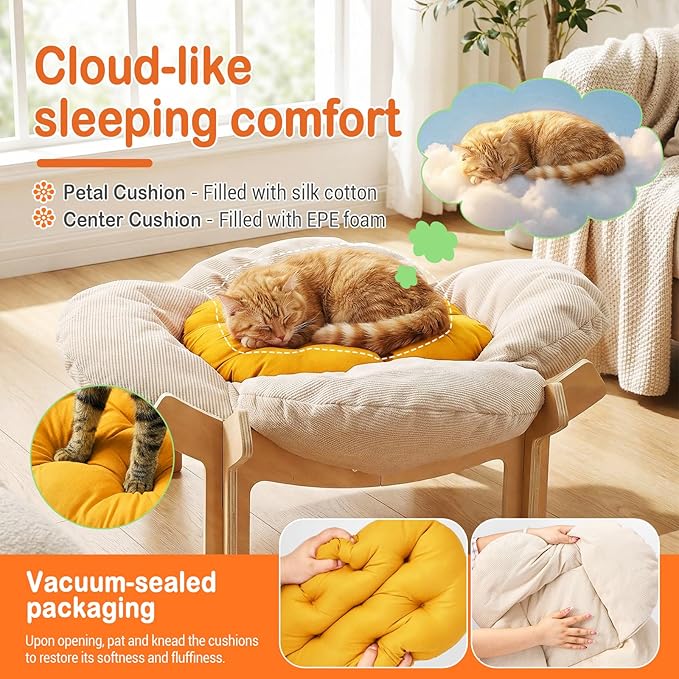Elevated Flower Cat Bed with Thickened Soft Cushions, Aesthetic Raised Cat Chair for Indoor Cats, Wooden Cats Furniture with Toy, 39lbs Capacity (Beige Petal & Yellow Center)