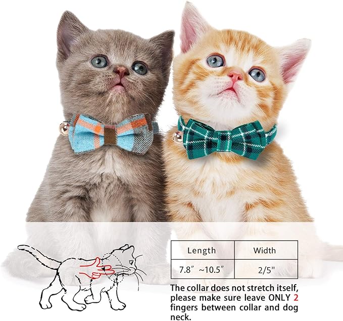 2 Pack/Set Cat Collar Breakaway with Cute Bow Tie and Bell for Kitty and Some Puppies, Adjustable from 7.8-10.5 Inch (Cyan-Blue+Blue-Gray, Plaid)