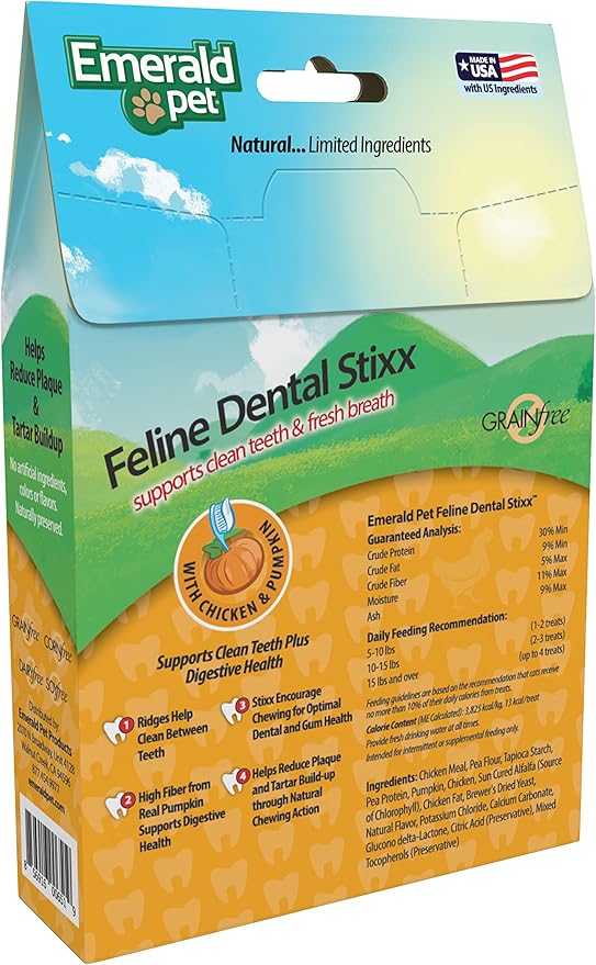 Emerald Pet Grain-Free Chicken Cat Dental Treats – Crunchy Dental Sticks for Cats to Clean Teeth, Reduce Plaque & Tartar, Freshen Breath – Pumpkin for Digestive Health, Natural Cat Chews, 3.6 oz