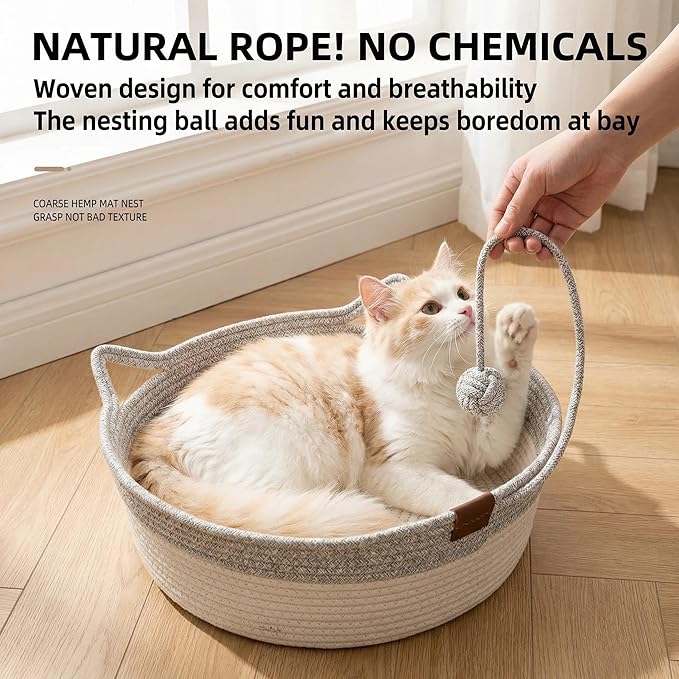 Stimulicat Hand Woven Cotton Rope Cat Bed Basket with Scratching Pad and Ball, Round Boho Pet Nest for Indoor Cats and Small Dogs, Natural Breathable, All-Season (Orange, Medium)