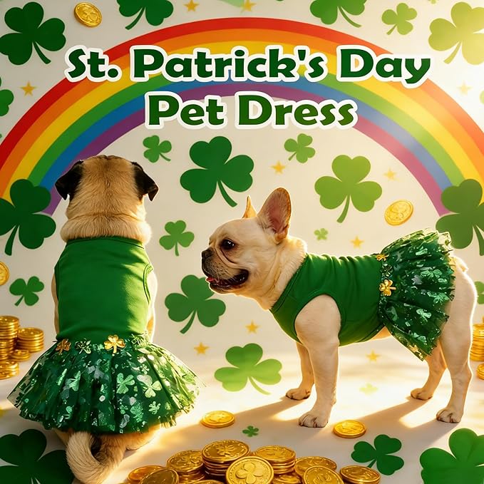 St. Patrick's Day Pet Dress Tutu, Dog Tulle Skirt for Small Dog Girls Green Puppy Dress Cat Apparel Pet Irish Holiday Outfits (Green, Medium)