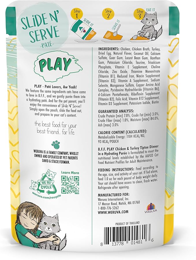 B.F.F. PLAY - Best Feline Friend Paté Lovers, Aw Yeah!, Chicken & Turkey Tiptoe with Chicken & Turkey, 3oz Pouch (Pack of 12)