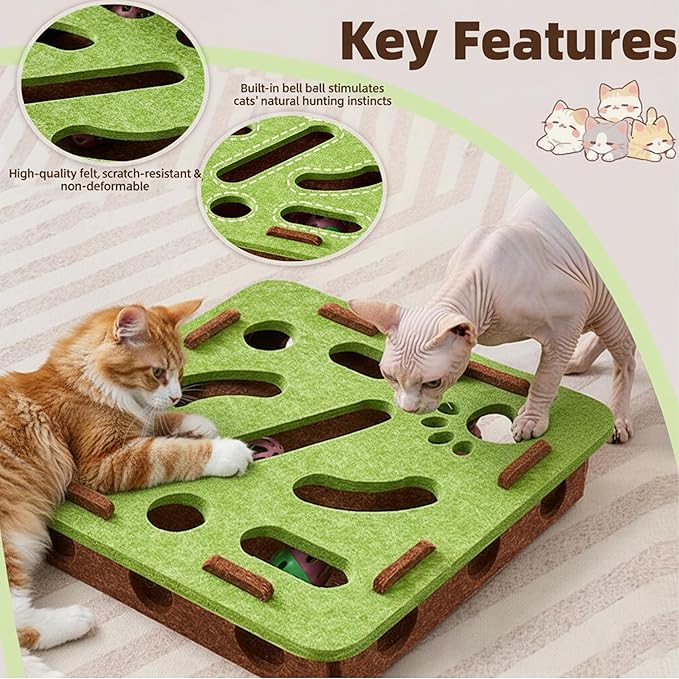 Interactive Cat Puzzle Feeder Toy - Felt Maze Box with 3 Jingle Balls for Indoor Cats Kittens | Mental Stimulation, Slow Feeding, Fun Exercise & Natural Hunting Instincts