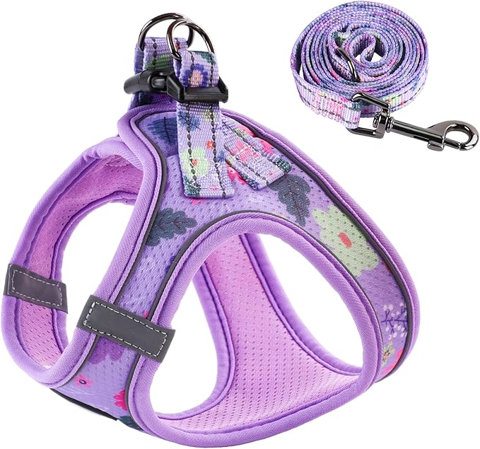 QQPETS Cat Harness and Leash Set for Walking Escape Proof, Safe Adjustable Kitten Vest with Reflective Strips, Easy Control Soft Mesh Lightweight Jacket (Floral Purple, S(Chest 15”-15.7”))