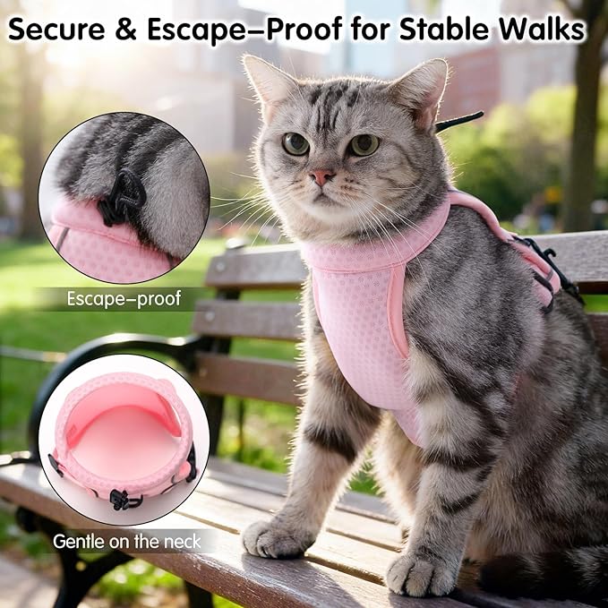 LIANZIMAU Cat Harness and Leash Escape Proof,Adjustable Cat Harness for Outdoor Walks with Reflective Strip, Lightweight and Soft Mesh Vest