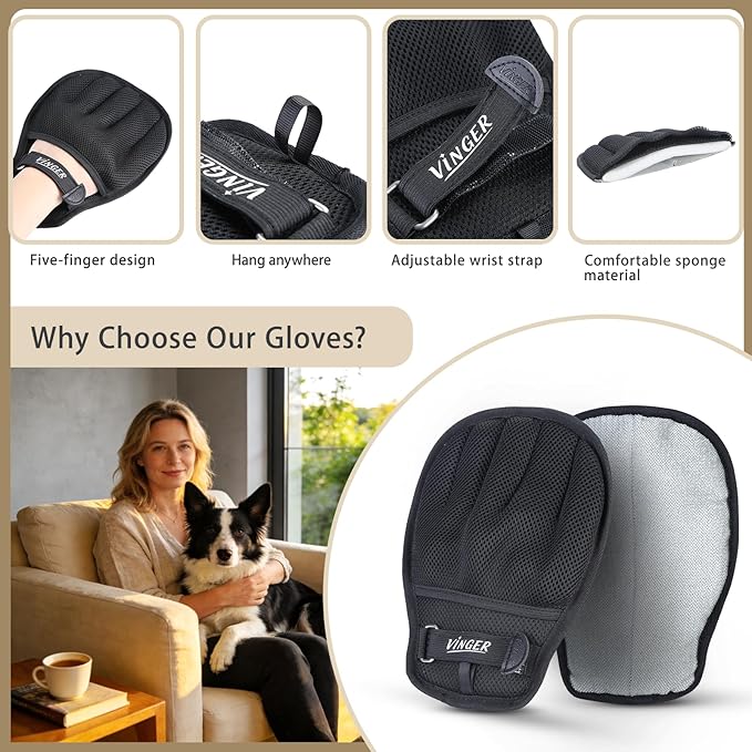 VINGER Pet Hair Removal Glove for Cats & Dogs, Electrostatic Pet Hair Gloves with Adjustable Wristband, Five-Finger Magic Brush Remover Tool for Laundry, Carpet, Couch, Car Seats & Clothing (Black)