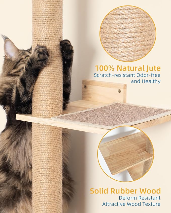 Aechonow 80inch Wall Mounted Cat Tree, 15.8in Top Perch Bed for Large Adult Cats, Adjustable Cat Shelves Floor to Ceiling for Scratch, Climb, and Lookout