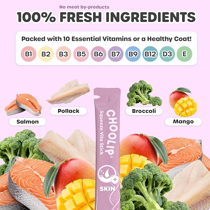 Choolip Squeeze Vita Stick Lickable Cat and Dog Treats, 49-Count Skin and Coat Variety Pack, Salmon and Pollack with Biotin and Vitamin E