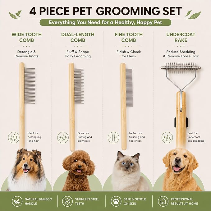 Bamboo Pet Grooming Kit for Medium to Long Haired Dogs & Cats, 4-in-1 Dematting Comb Set with Undercoat Rake, Fine/Wide & Long/Short Tooth Combs, Gentle Deshedding Tools for Indoor Pets
