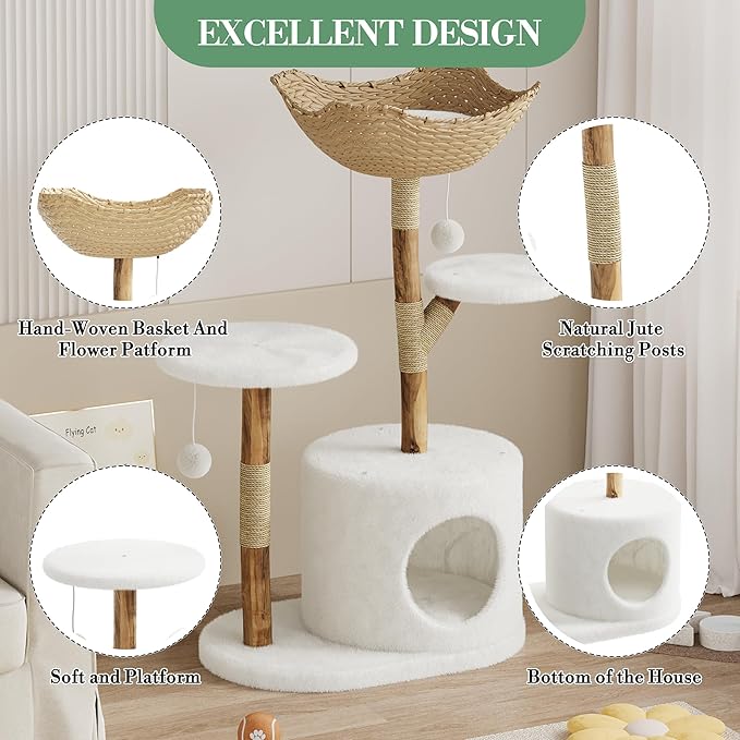 50-Inch Multi-Level Natural Wood Cat Tree for Large Cats - Modern Climbing Tower with Scratching Posts, Perch & Cozy Bed, Minimalist Pet Furniture for Indoor Kittens, Sturdy Design Fits Home Déco