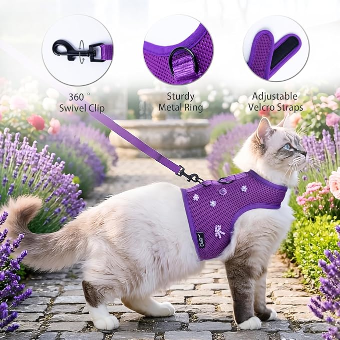 Cat Harness and Leash for Walking Escape Proof Breathable Mesh Fabric, Purple, Large, Adjustable Cat Walking Jackets, Padded Stylish Cat Vest