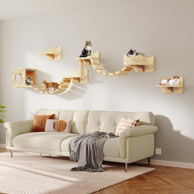 Cat Wall Shelves, Wall Mounted Cat Shelf Furniture with Plush Fabric (9 Piece Set), Cats Furniture with Condos, House, Steps, Bridge Ladder, Scratching Post, Beige