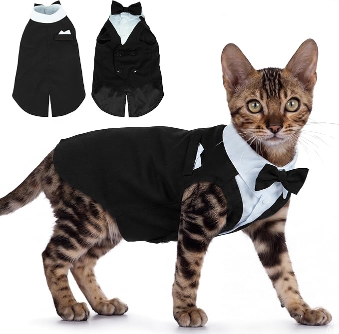 PUMYPOREITY Cat Tuxedo Suit Formal Wear with Bow Tie, Soft Skin-Friendly Cat Costumes for Cats Only, Elegant Outfit for Male Female Cats, Perfect for Wedding Birthday Photo Shoots, M, Black