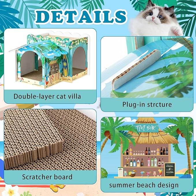 Lineshading 2 Story Cardboard Cat House with Scratcher Pad, Multi Level Durable Cat Scratcher House for Small Kitten Bunny Rabbit Animals Christmas Birthday Gift(17x12x10,Hawaii)