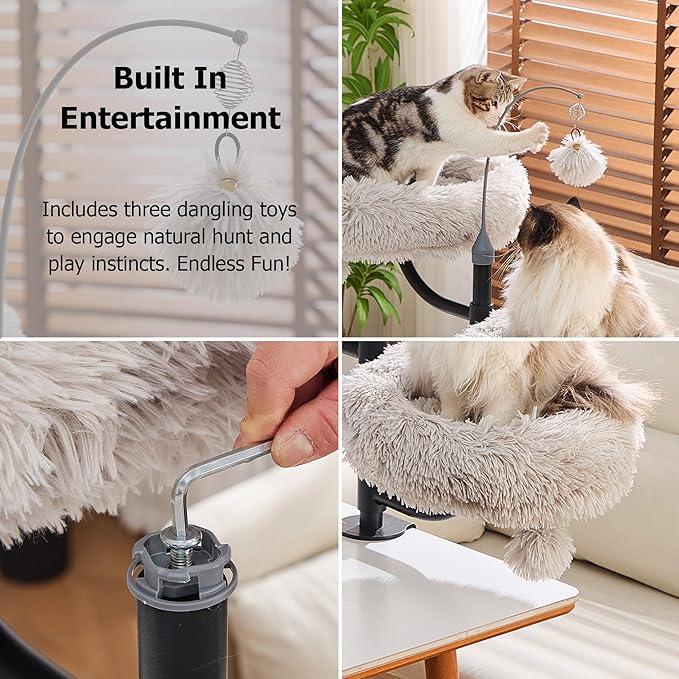 Catry Cat Desk Mount Double Perches for Indoor Cats, Pet Beds for Desk, Level Adjustable 3 Position Rotation, Space Save Desk Beds for Multi-Cat Home, Light Grey