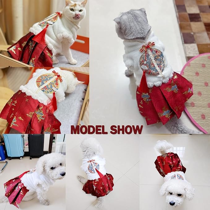 BAMY New Year Dog Horse Face Skirt Warm Cat Cheongsam Dress Winter Pet Clothes Coat Christmas Costume for Cats Teddy Bichon Small Medium Dogs (L (Chest Circumference 18.9in))