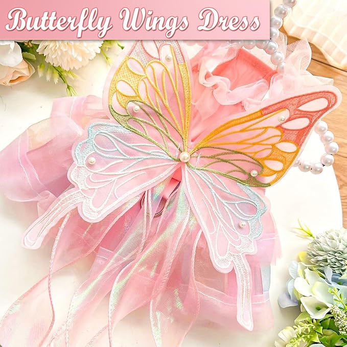 BAMY Butterfly Wings Dog Dress Summer Pet Wedding Skirt Lace Princess Tutu Cute Party Cat Outfit for Small Medium Dogs (Pink, XL (Chest 22.8inch/ 58cm))