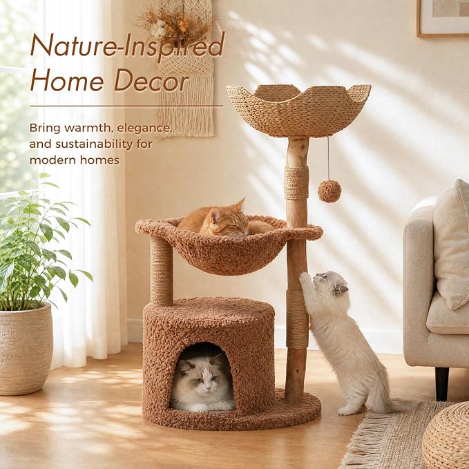 PAWZ Road Modern Cat Tree with Natural Solid Wood Scratching Post, 40 Inches Cat Tower with Large Wicker Basket,Spacious Hammock,Luxury Condo for Indoor Cats，Brown