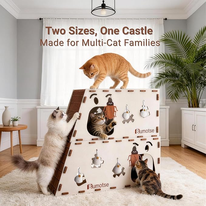 Interactive Felt Cat Tunnel for Indoor Cats with Catnip Toy, Modular Cat Cave House for Scratching, Play, Hiding & Sleeping, Durable Washable Cat Condo for Large Cats Up to 22LB,Cream