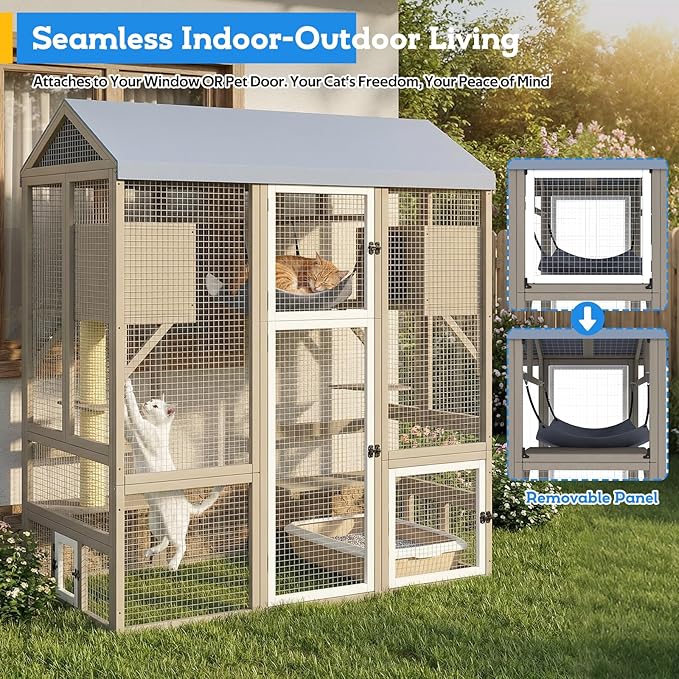 Catio Outdoor Cat Enclosure with Window Access, Large Walk in Cat House Outdoor Kitty Cage with 7 Jumping Platforms, Scratching Posts, Hammock, Slide & Clean Litter Box Access