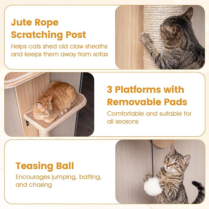 PETSITE Door Mounted Cat Tree, 58.5-61.5 Inches Height Adjustable Hanging Cat Climber with Scratching Post, Detachable Scratching Mats, and Comfy Plush Cat Bed (Natural)