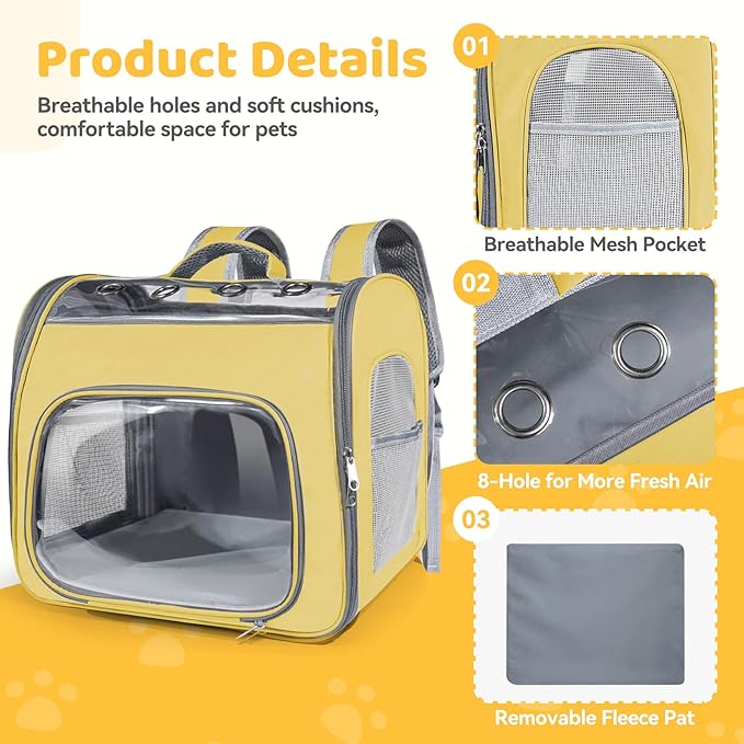Innovative Traveler Backpack Pet Carriers Cat Backpack with Breathable Mesh Puppy Travel Carrier with Soft Padded Reinforced Support Foldable Small Dog Carrying Backpack for Kitty up to 15lbs (Yellow)