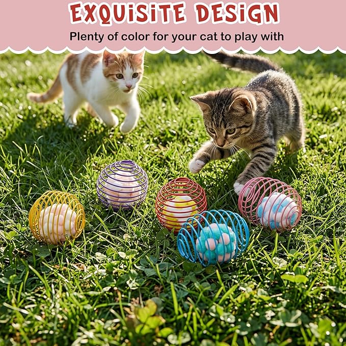 Jecery 5 Pcs Cat Spring Toys Stretchable Rolling Balls Colorful Playful Coils Interactive Action Toy Caged Rats for Kitten Pet Supplies (Plush Ball,Multicolor)