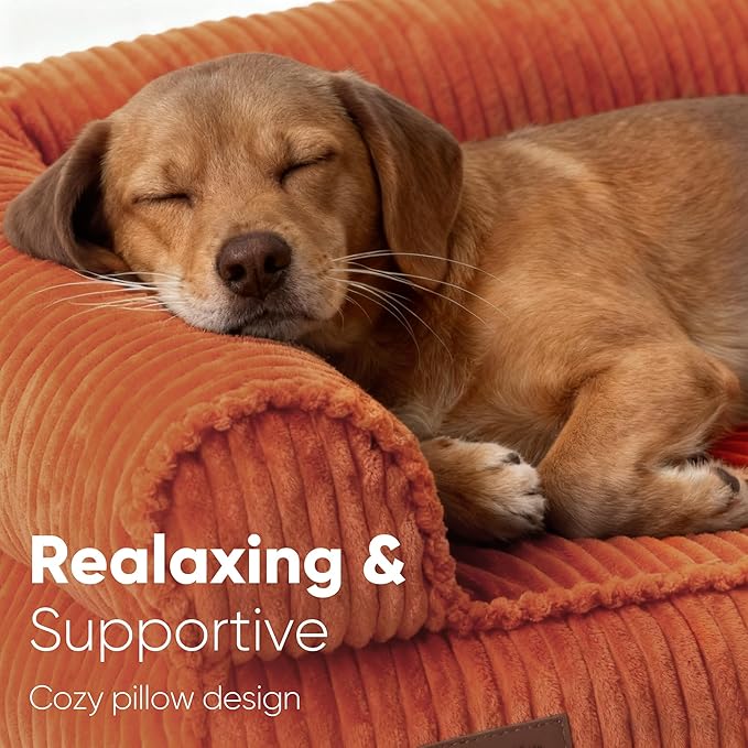 FUKUMARU Cute Dog Bed, Waterproof Corduroy Dogs Couch, 36in Orthopedic Pet Sofa for Medium to Large Dogs Dog, Warm Cotton Pet Bed with Washable Cover, Orange