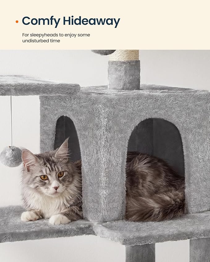 SONGMICS HOME Cat Tree for Indoor Cats, Multi-Level Cat Tower with Sisal Scratching Posts, Hammock and Condo, Light Gray