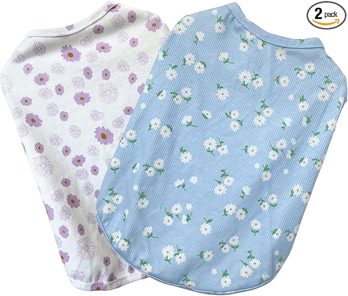 2PCS Summer Dog Cotton T Shirt Pet Tee Shirts Puppy Daisy Flower Prints Clothes Apparel for Small Dogs Cats
