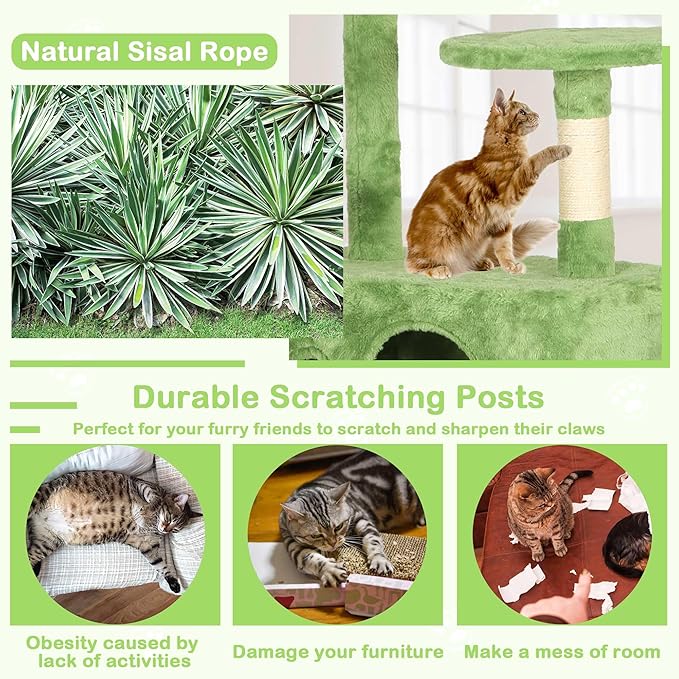 54 Inches Tall Cat Tree Tower for Indoor Cats, Multi-Level Condo Furniture With Scratching Post Stand, Trees With Funny Toys and House for Kitten Rest & Fun, Green
