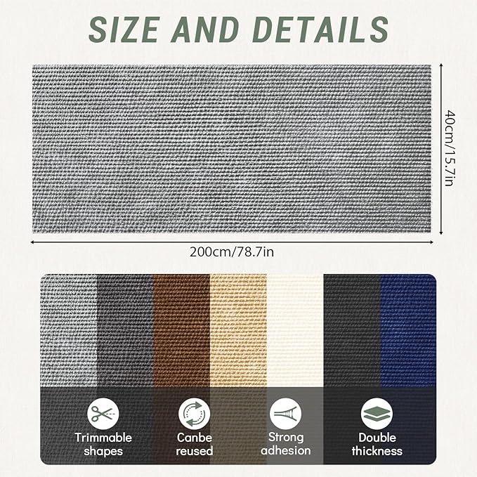 78.7"x15.8" Cat Scratch Mat,Trimmable Self-Adhesive Carpet,DIY Climb Cat Scratcher for Cat Couch Furniture or Wall Protector, Cat Scratching Post Tower Replacement Pads (LightGrey, 78.7x15.8In)
