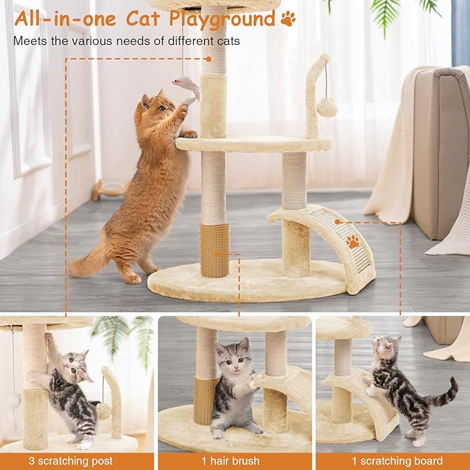 Goozii Large Cat Tree Tower with Scratching Post, Modern Kitten Tower for Indoor Cats, 32 Inch Tall Carpet Sisal Cat Scratcher Stand with Big Bed Perch,Scratch Ramp, Ball Toy for Kitty (Beige)