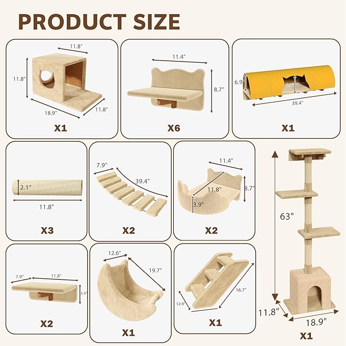 Cat Wall Shelves, Wall Mounted Pet Shelf Furniture w/Plush Fabric(26 Piece Set), 63''H Cat Tower w/Scratching Posts, Cats Furniture with 40''L Tunnel, Condos, House, Steps and Ladder, Beige