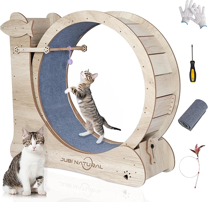 Cat Exercise Wheel for Indoor Cats, 35.9" Compact Cat Running Wheel with Scratching Board, Teaser Toy & Storage Shelf, Quiet Carpet Track, Safety Lock & Anti-Pinch Design, Space-Saving Cat Treadmill