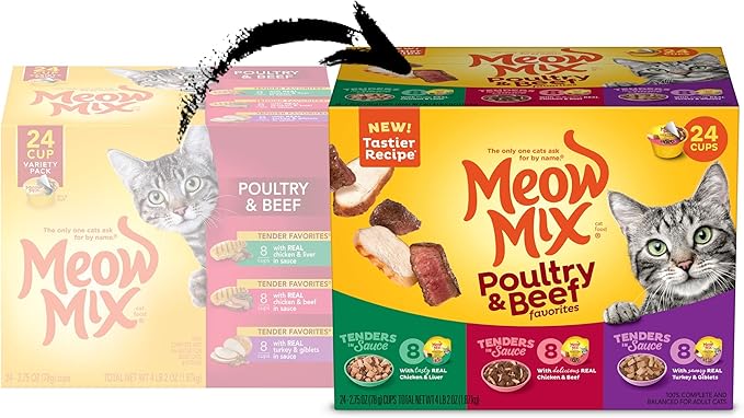 Meow Mix Tender Favorites Poultry & Beef Variety Pack, Wet Cat Food, 2.75 oz Cup (24 Pack)